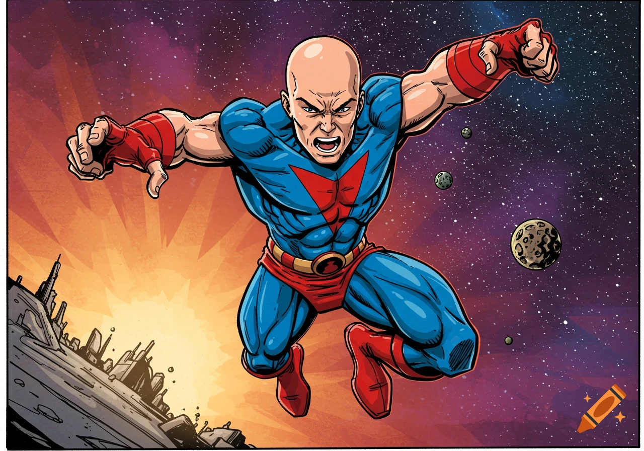A bald comic book superhero in a blue and red costume flies through space above a damaged city.