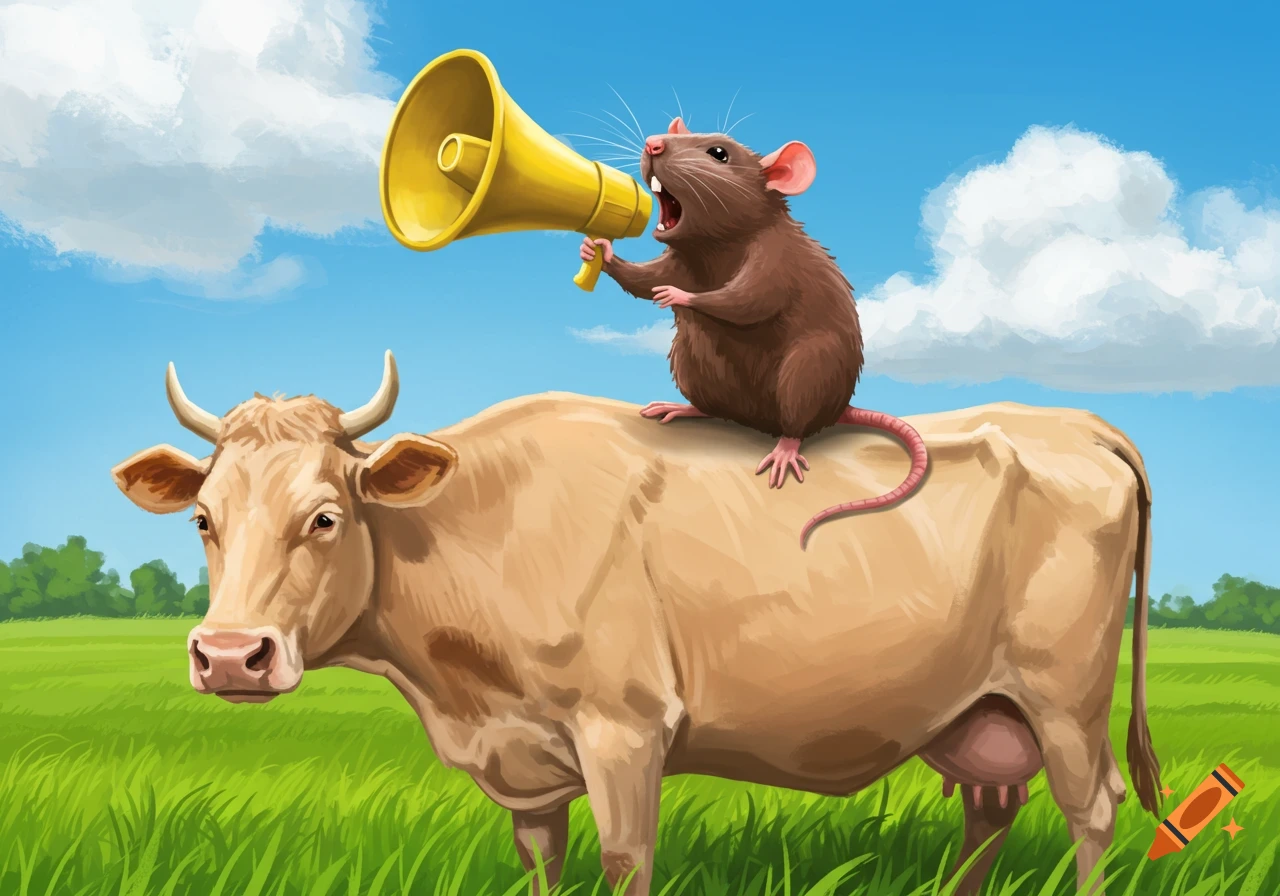 A rat shouts into a megaphone while sitting on the back of a cow in a grassy field, digital art.