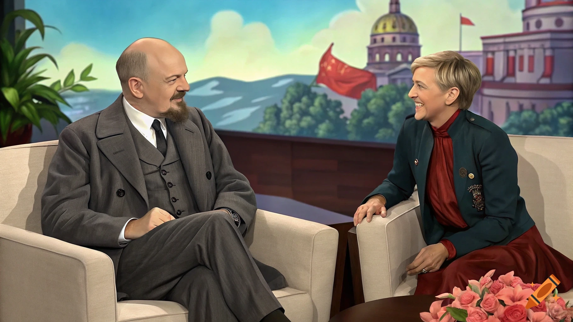 Two people resembling Vladimir Lenin and Ellen DeGeneres sit smiling on a talk show set with a red flag background.