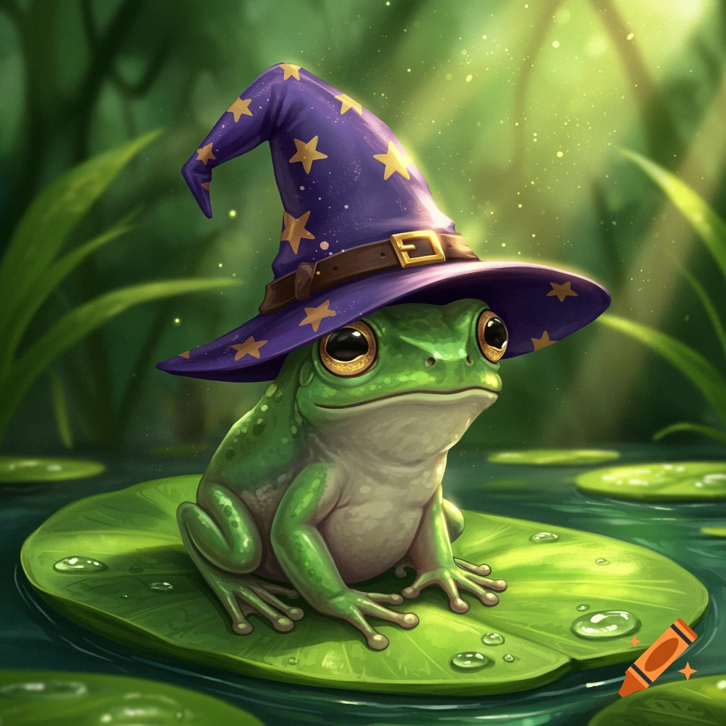 A whimsical image of a green frog wearing a purple wizard hat with stars, sitting on a lily pad.
