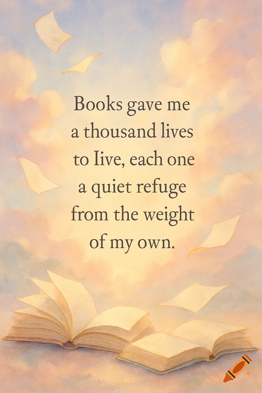 Open books and floating pages in clouds, with an inspirational quote overlaid.