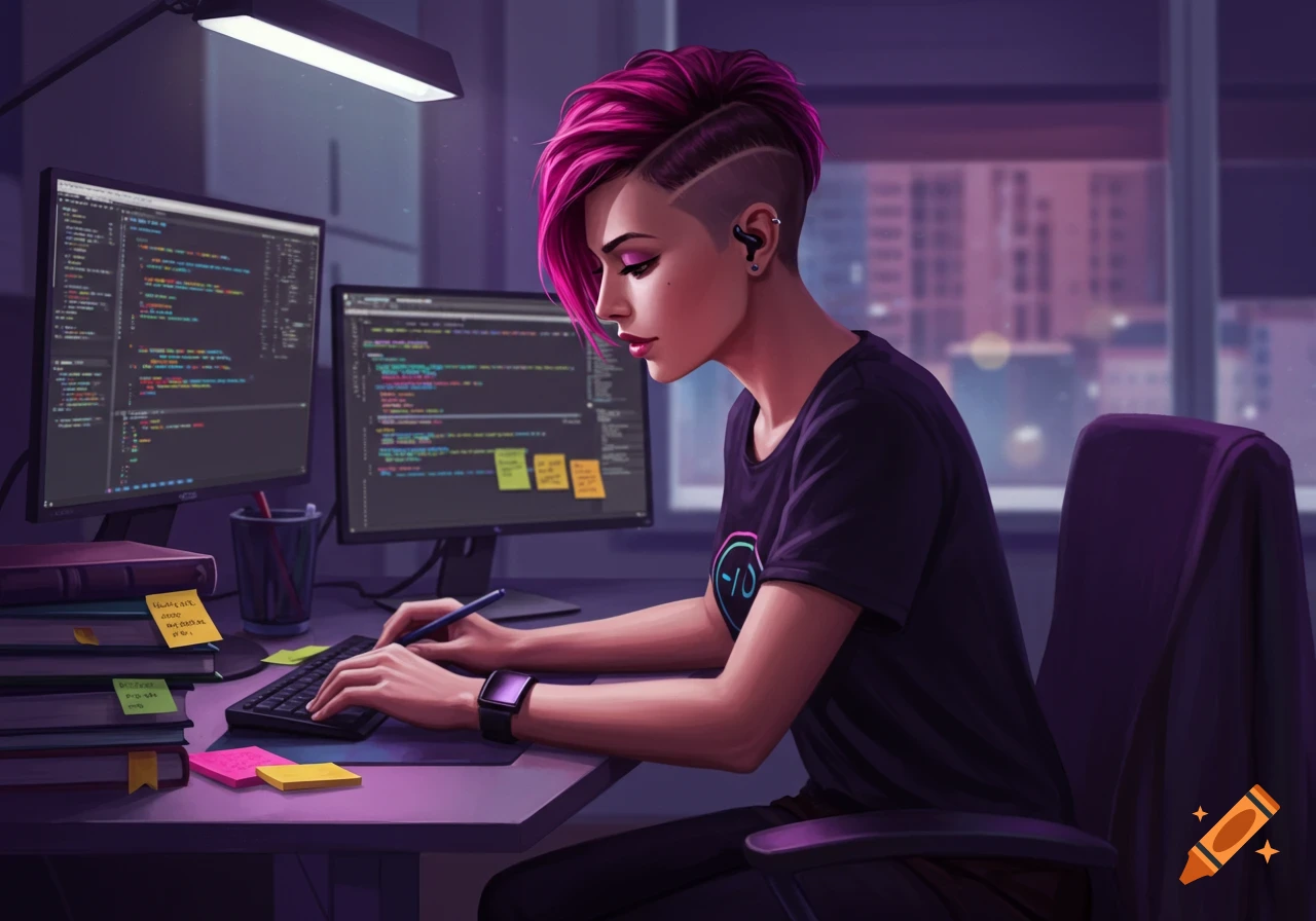 A person with pink hair is coding at a desk with multiple monitors.