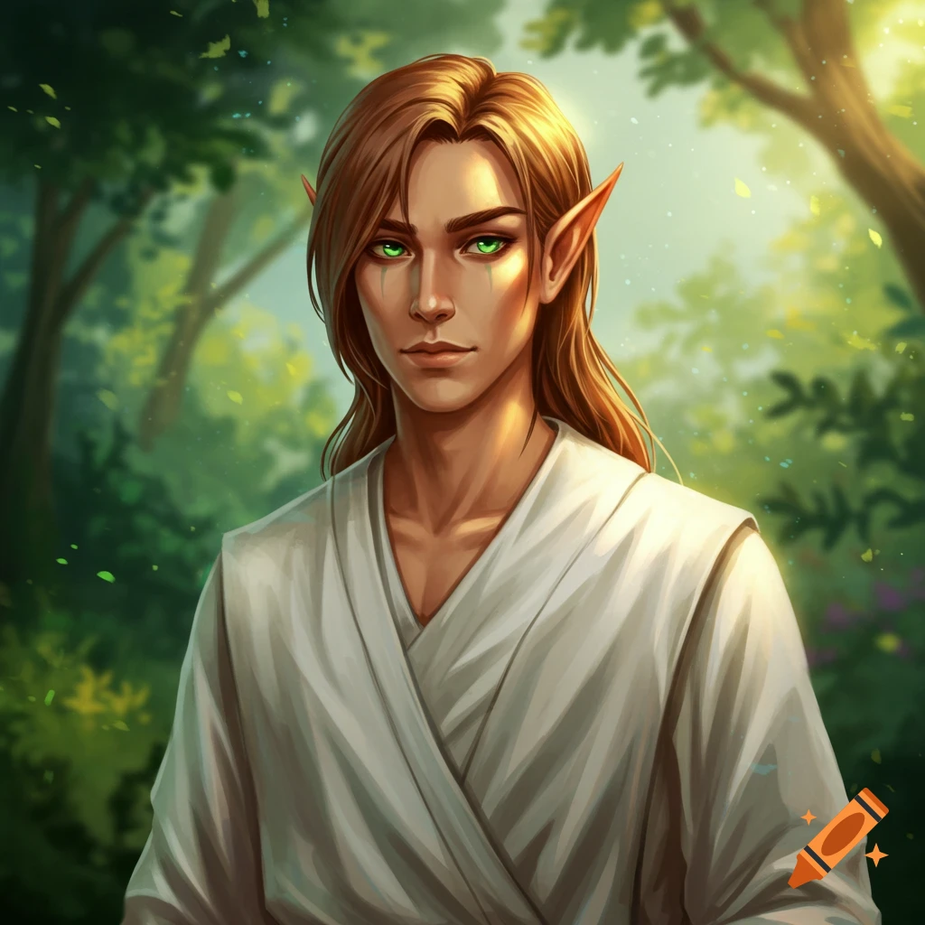 A half-elf monk in a white robe in a forest.
