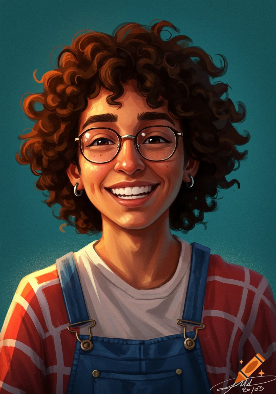 A portrait of a person with curly hair, glasses, and overalls smiling.