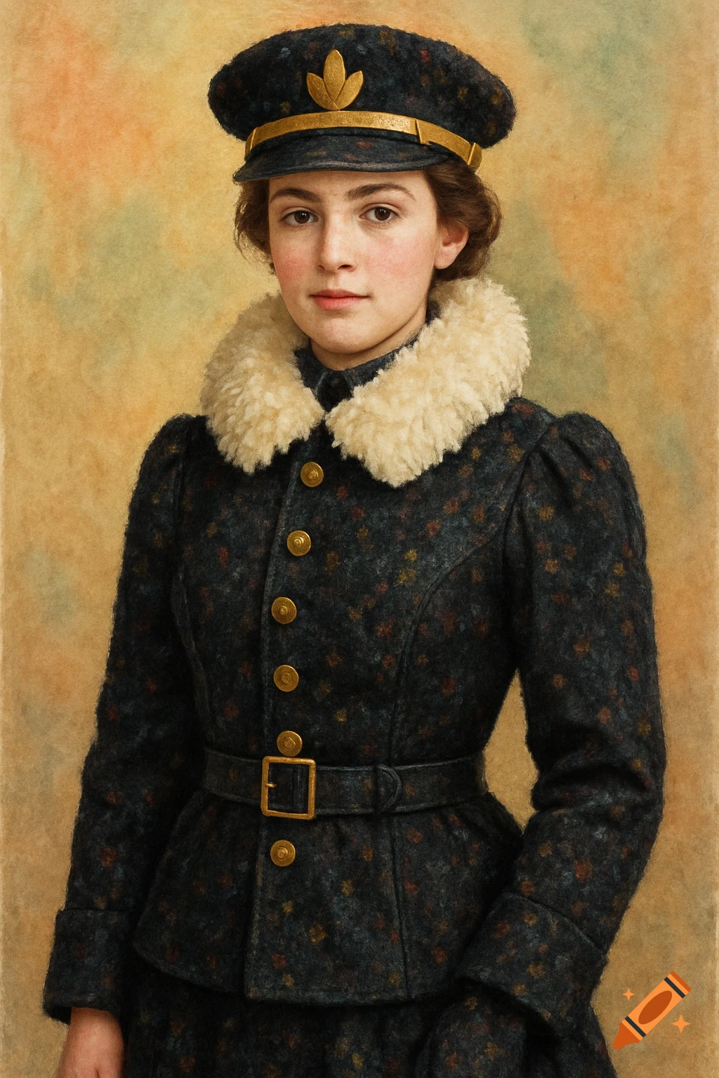 Portrait of a woman in a historical military uniform with a fur collar.