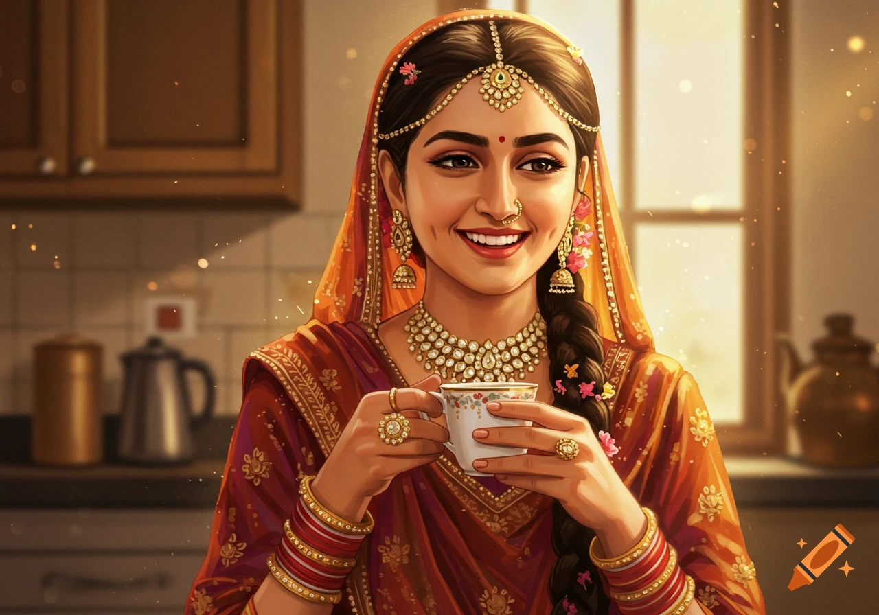 A Punjabi woman in traditional attire drinks tea in a kitchen.