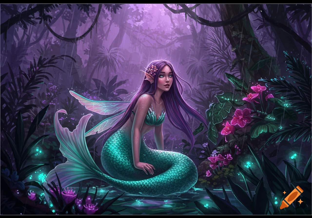 A fairy mermaid with purple hair and a green tail, sitting in a jungle stream in the purple rain.