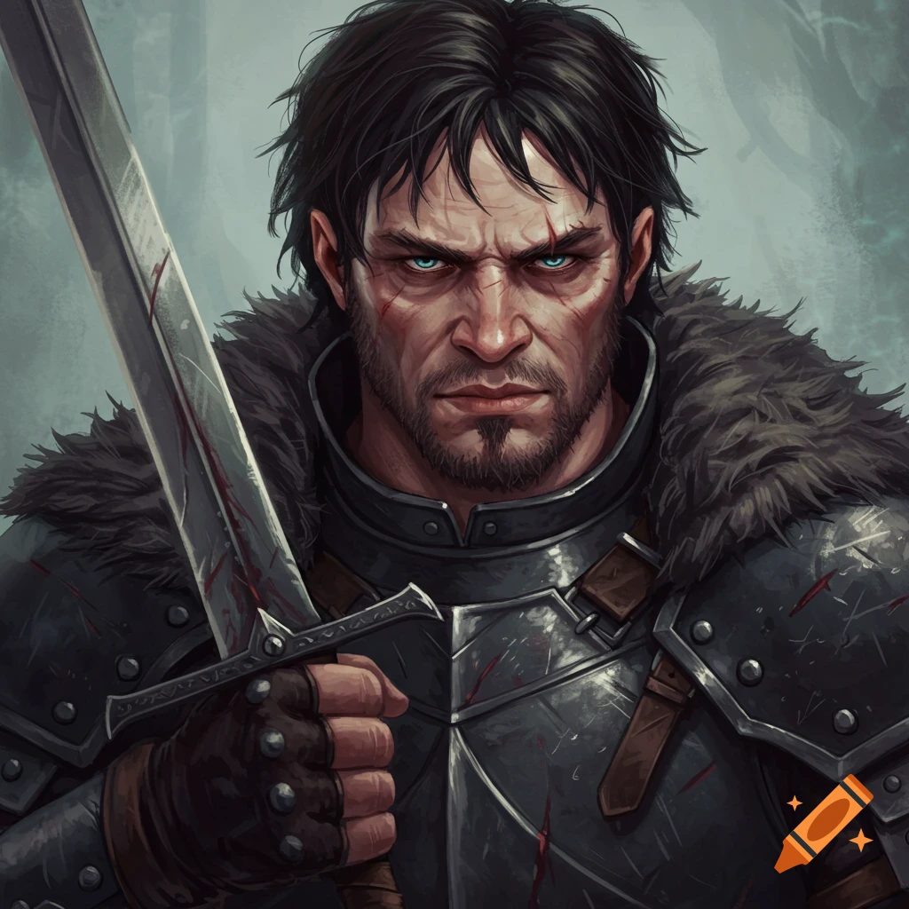 A rugged fantasy warrior in armor holding a bloody sword.