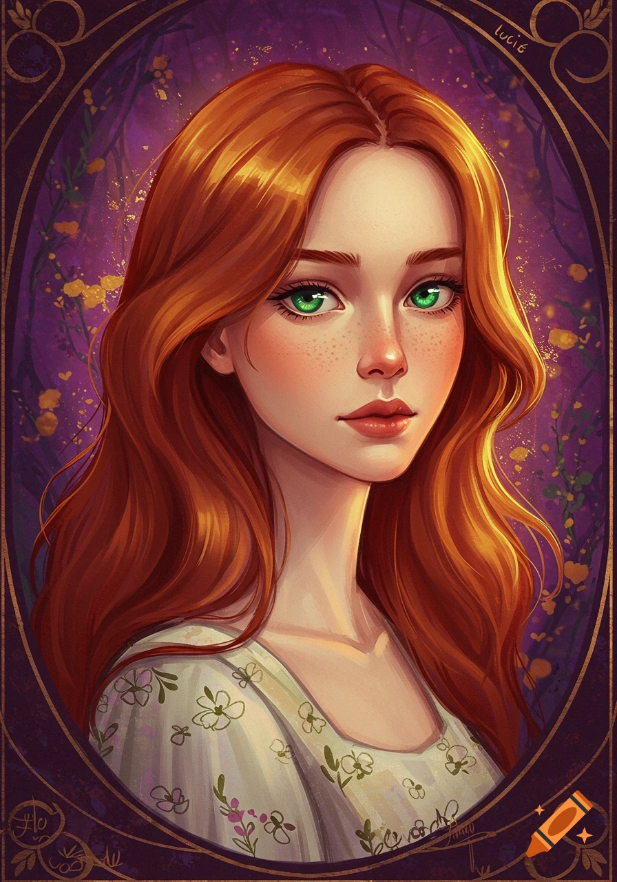 Digital illustration of a red-haired woman with green eyes wearing a floral dress, framed by a decorative border.