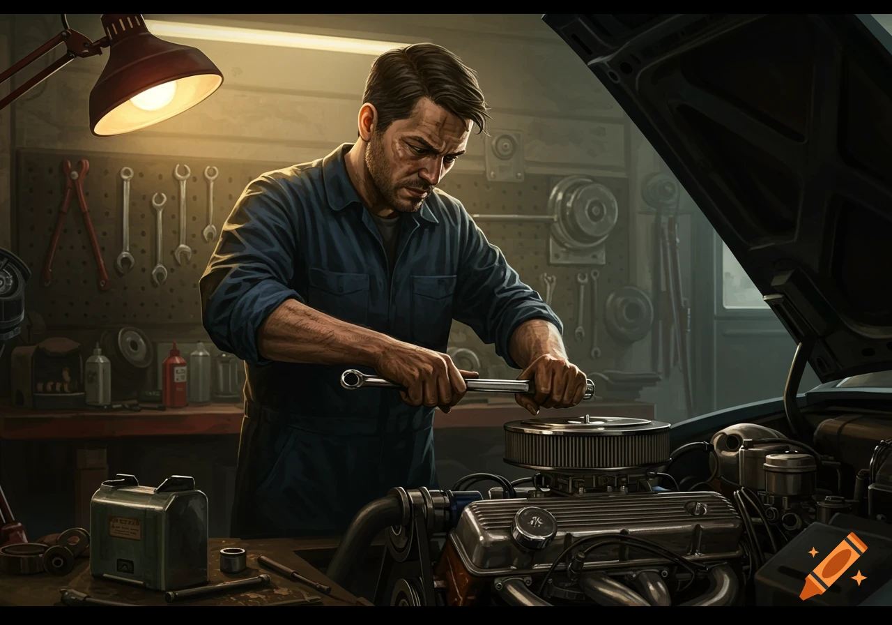 A mechanic working on a car engine in a workshop.