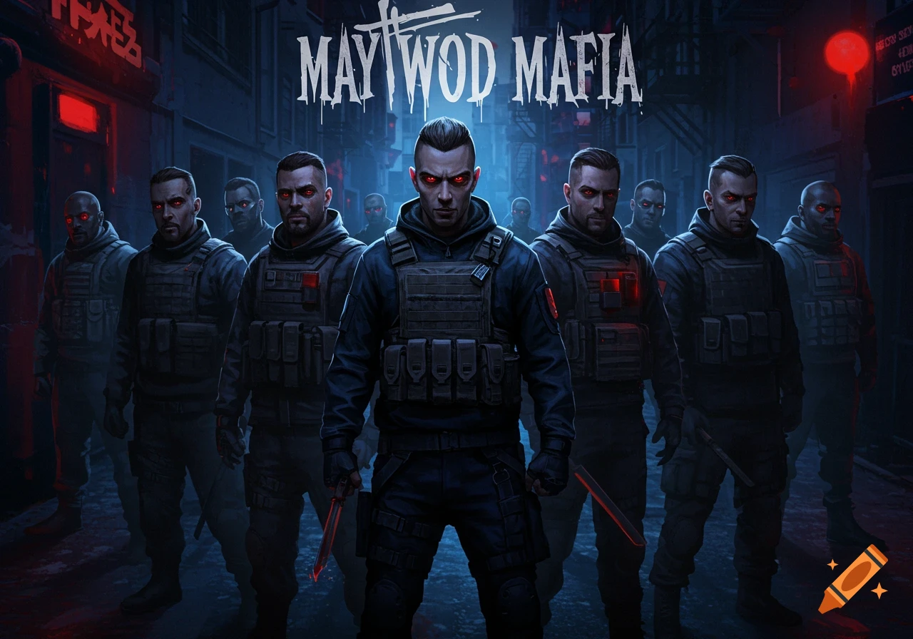 A group of stern men with glowing red eyes stand in tactical gear in a dark alley, with the words "MAYWOOD MAFIA" above them.