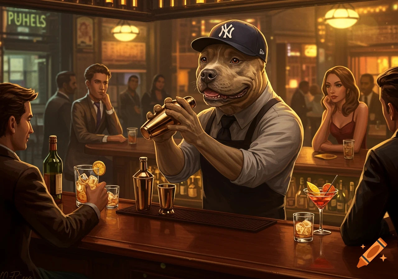 A pitbull dog wearing a baseball cap is mixing a drink behind a bar.