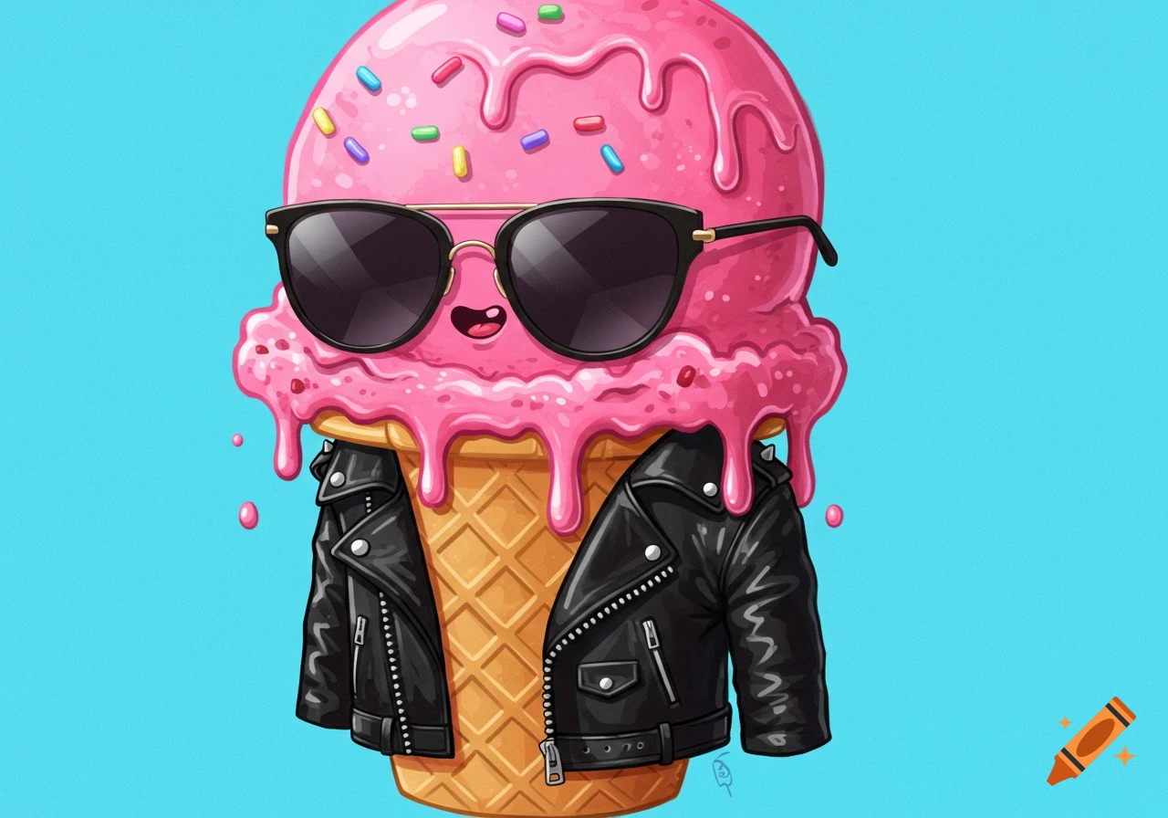 An ice cream cone wearing sunglasses and a leather jacket