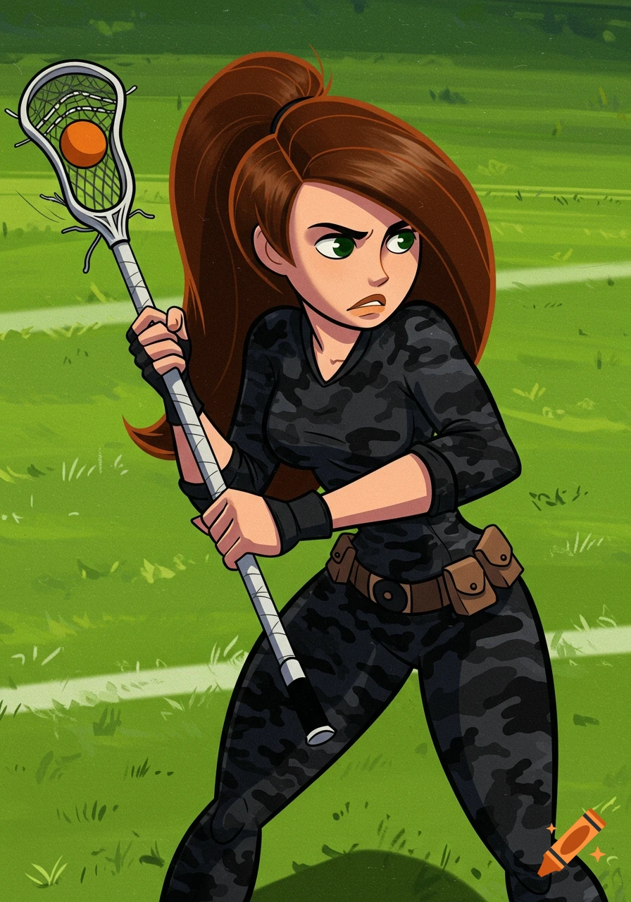 Cartoon illustration of Kim Possible in a camo suit playing lacrosse.
