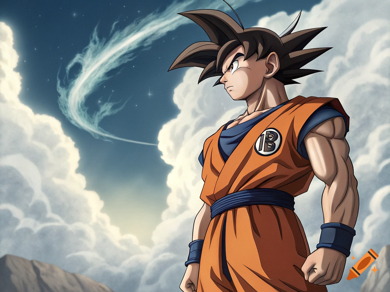 Anime character in an orange gi looking towards the horizon against a cloudy sky.