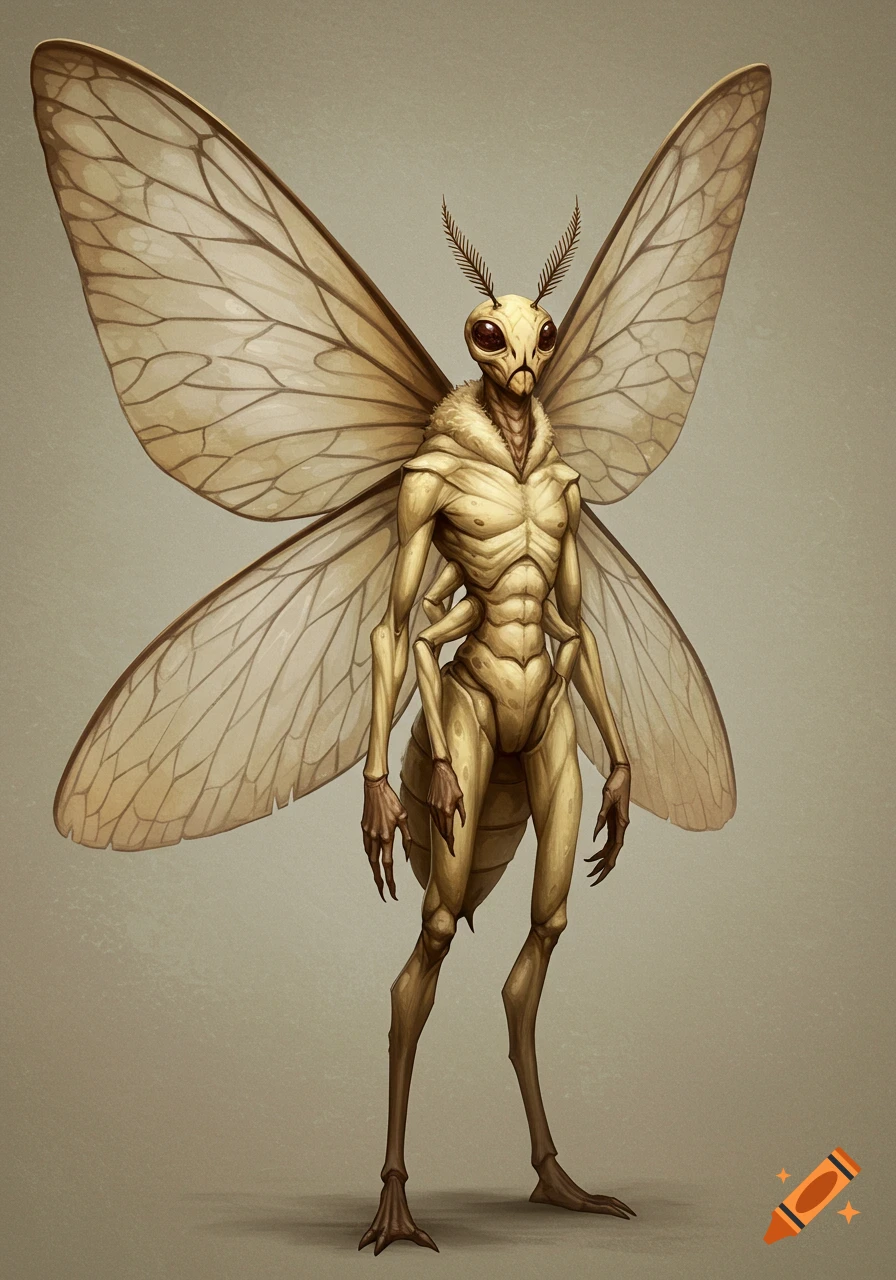A standing moth-like insectoid creature with large wings.
