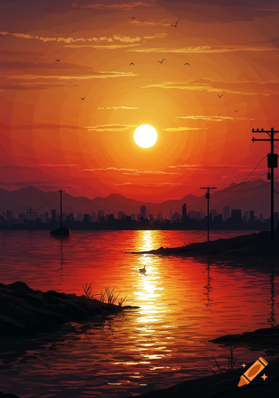 A vibrant sunset over a river with a city skyline silhouette, birds, a boat, and a duck.