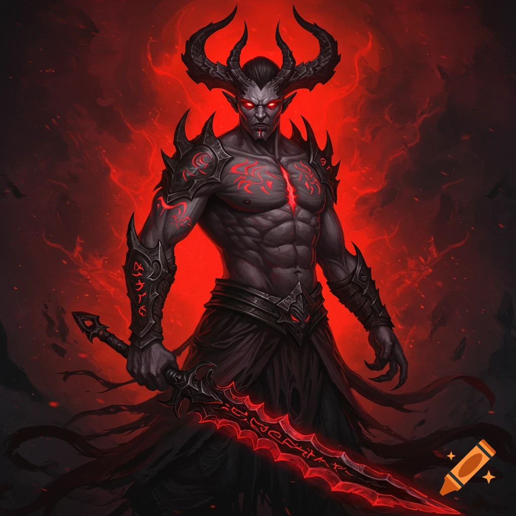 Demonic figure with horns, red eyes, and glowing red markings, holding a red glowing sword.