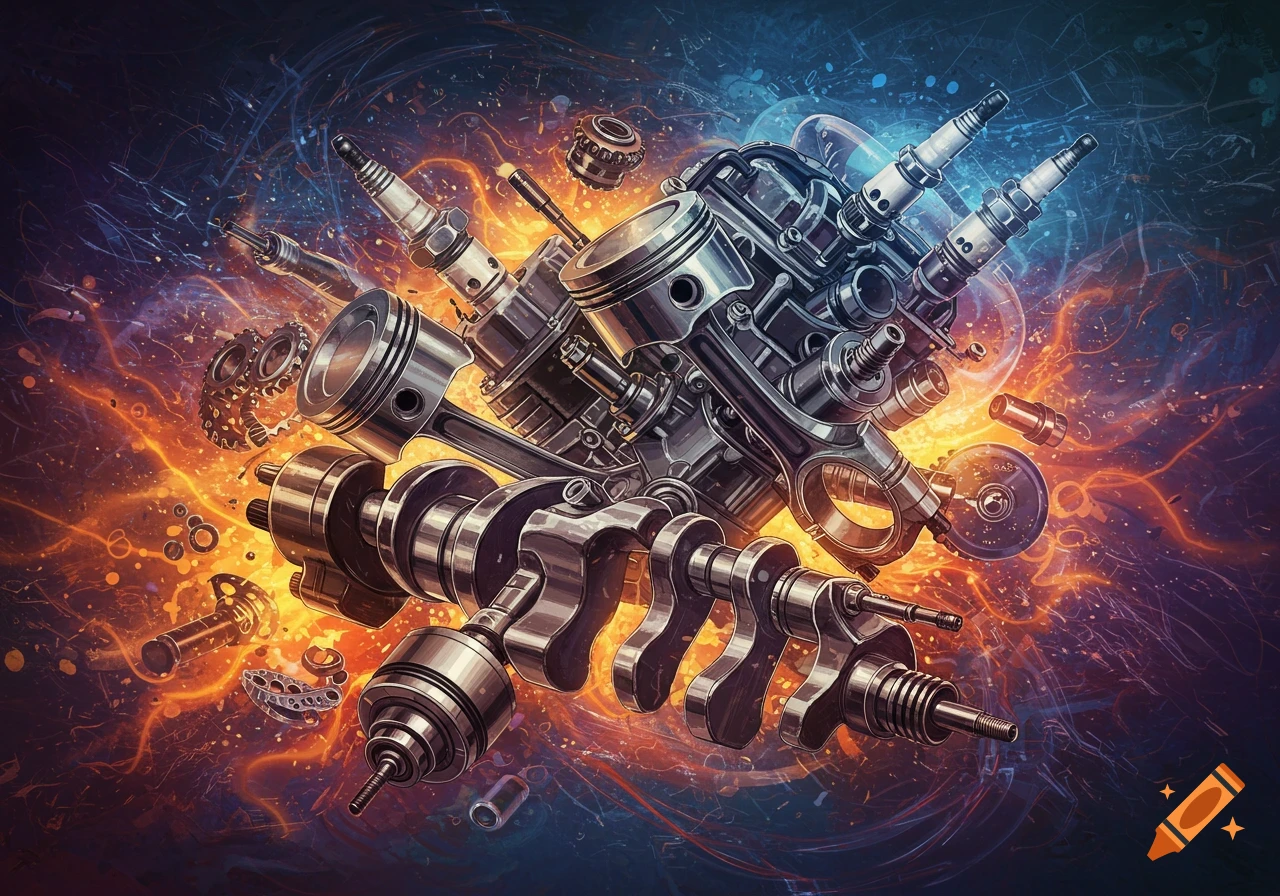 Engine parts like crankshaft, pistons, and spark plugs with abstract energy effects.