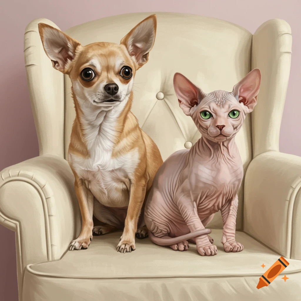A chihuahua and a Sphynx cat sitting on a chair.