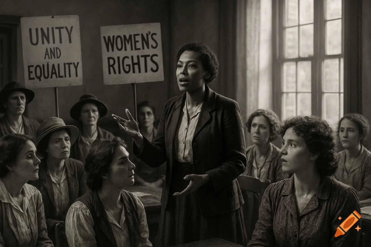 Black and white photo of women at a historical meeting with signs 'Unity and Equality' and 'Women's Rights'