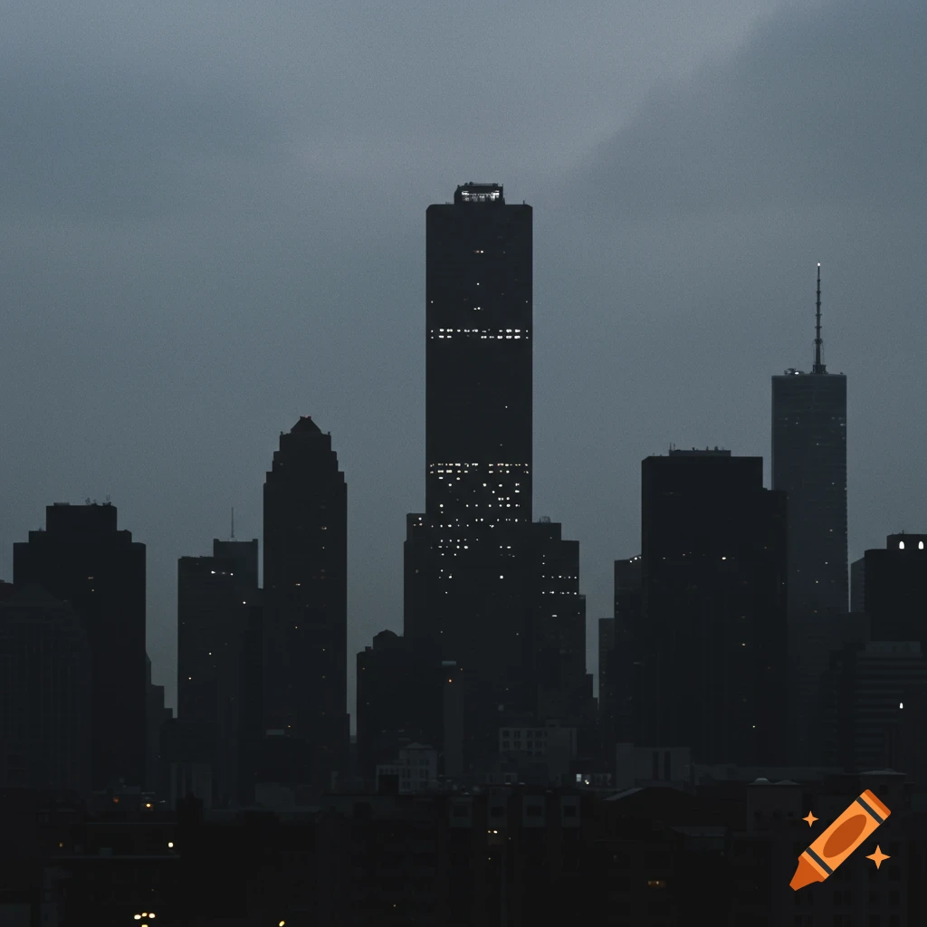 A dark silhouette of a city skyline with lit windows under a cloudy sky.