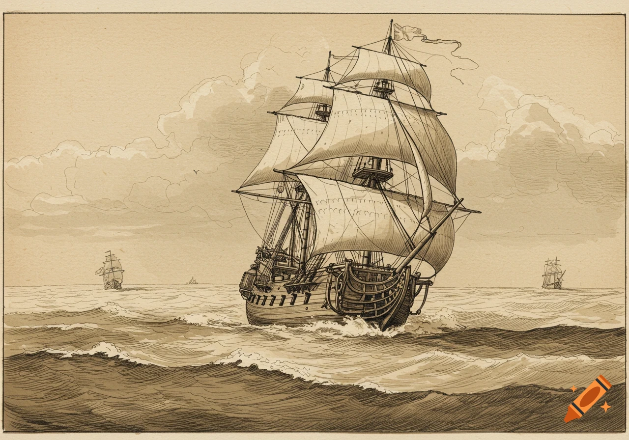 Old sepia drawing of a large 17th-century sailing ship on waves with smaller ships in the distance.