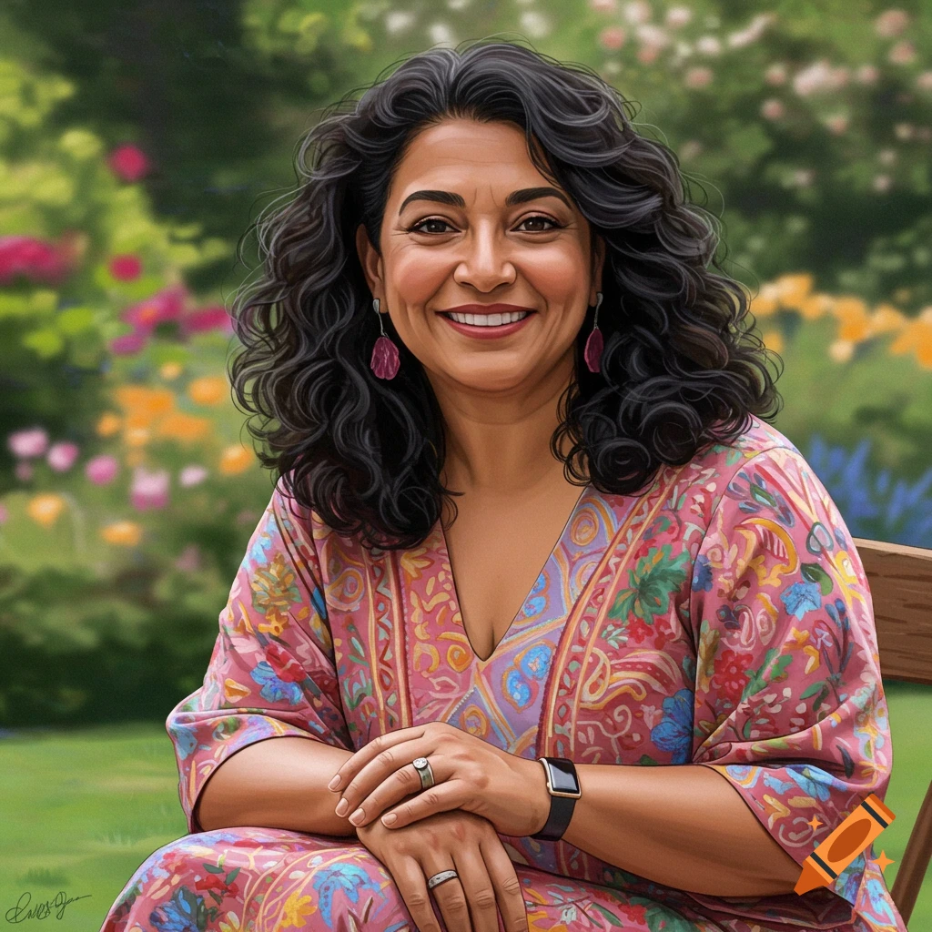 A smiling adult woman with dark, curly hair and a pink patterned dress, sitting in a garden.