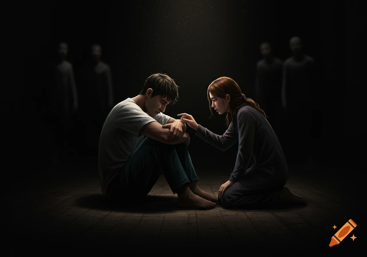 A woman comforting a sad man as blurry figures loom in the dark background.