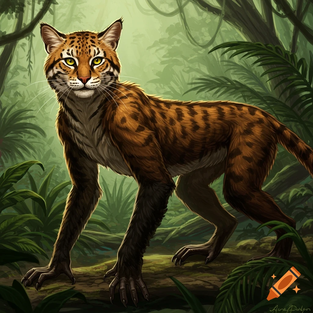 A feline and primate hybrid creature stands in a jungle.