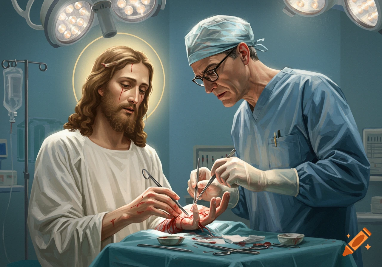 Jesus receiving hand surgery from a surgeon in an operating room.