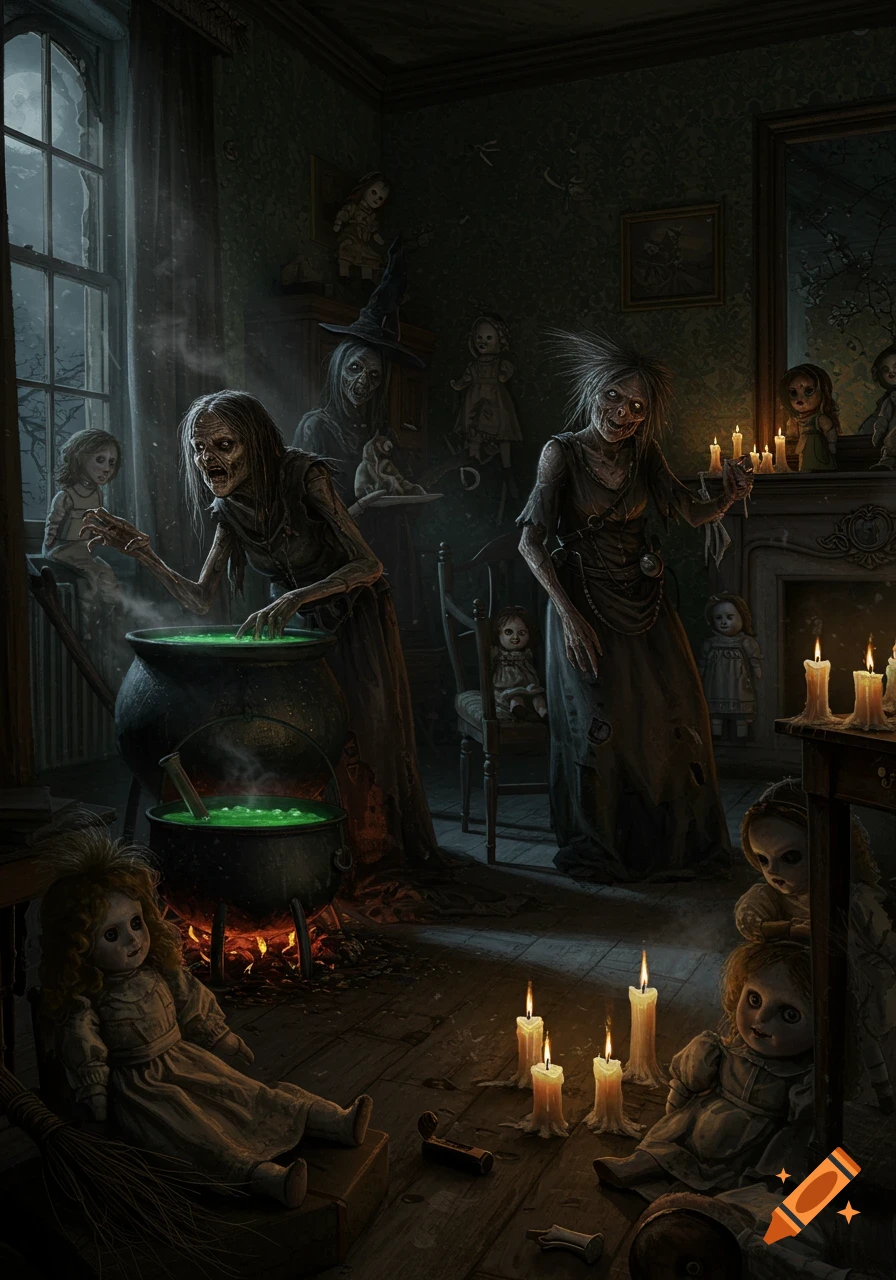 Two witches and creepy dolls in a dark room with cauldrons and candles.