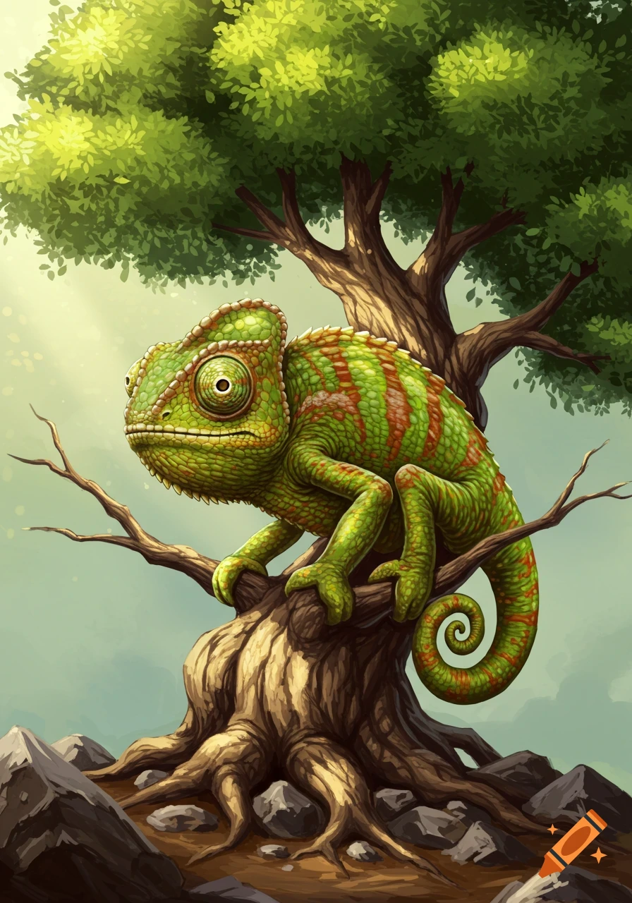 A green and orange chameleon on a tree root.