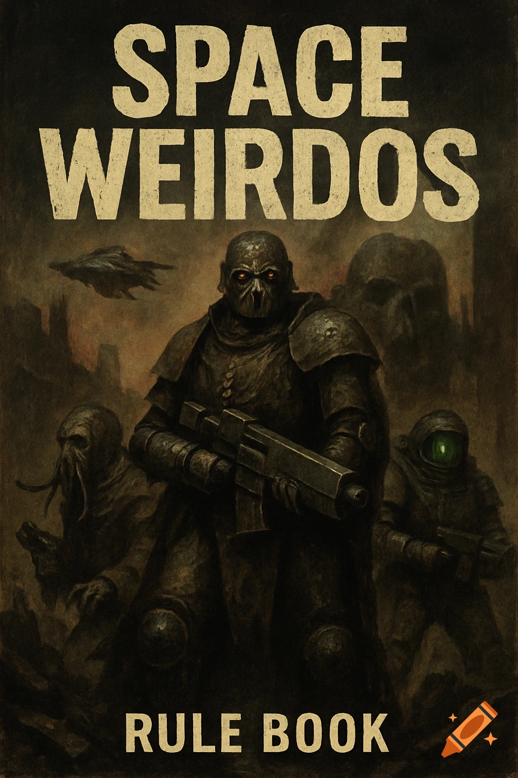 Grimdark sci-fi cover with armored figures, skulls, and text 'SPACE WEIRDOS RULE BOOK'