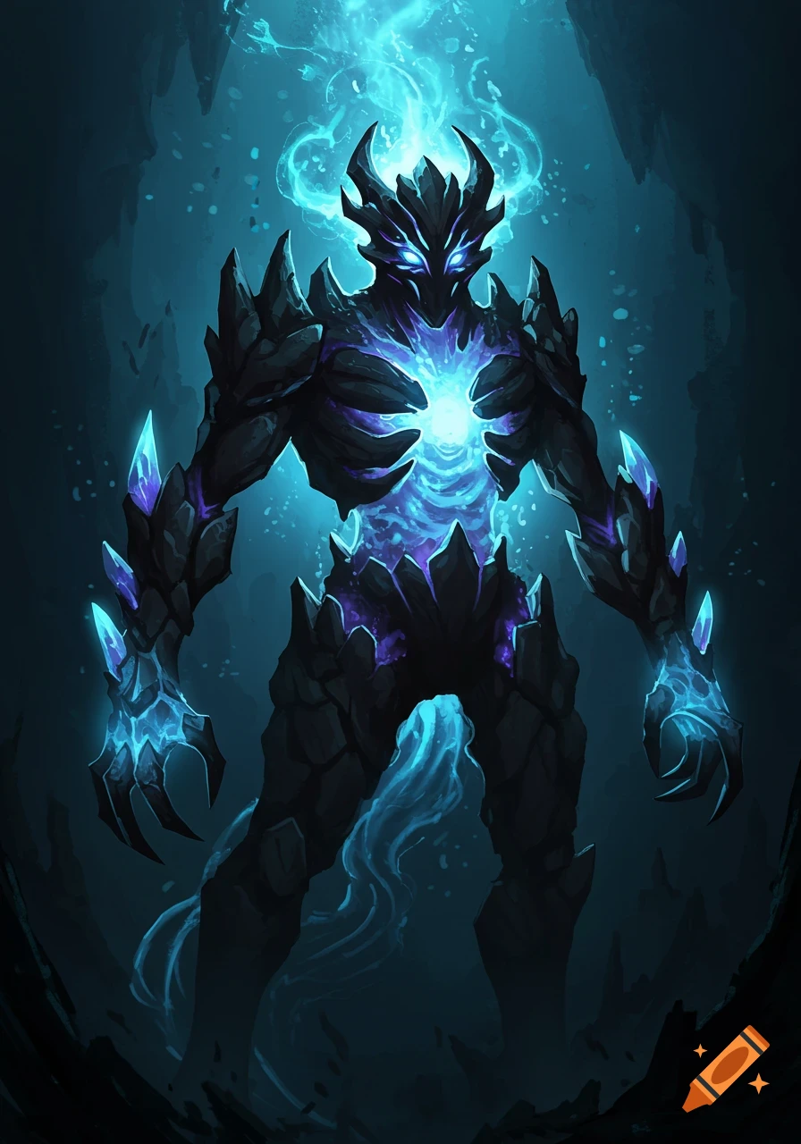 A dark elemental creature glowing with blue energy in a dark setting.