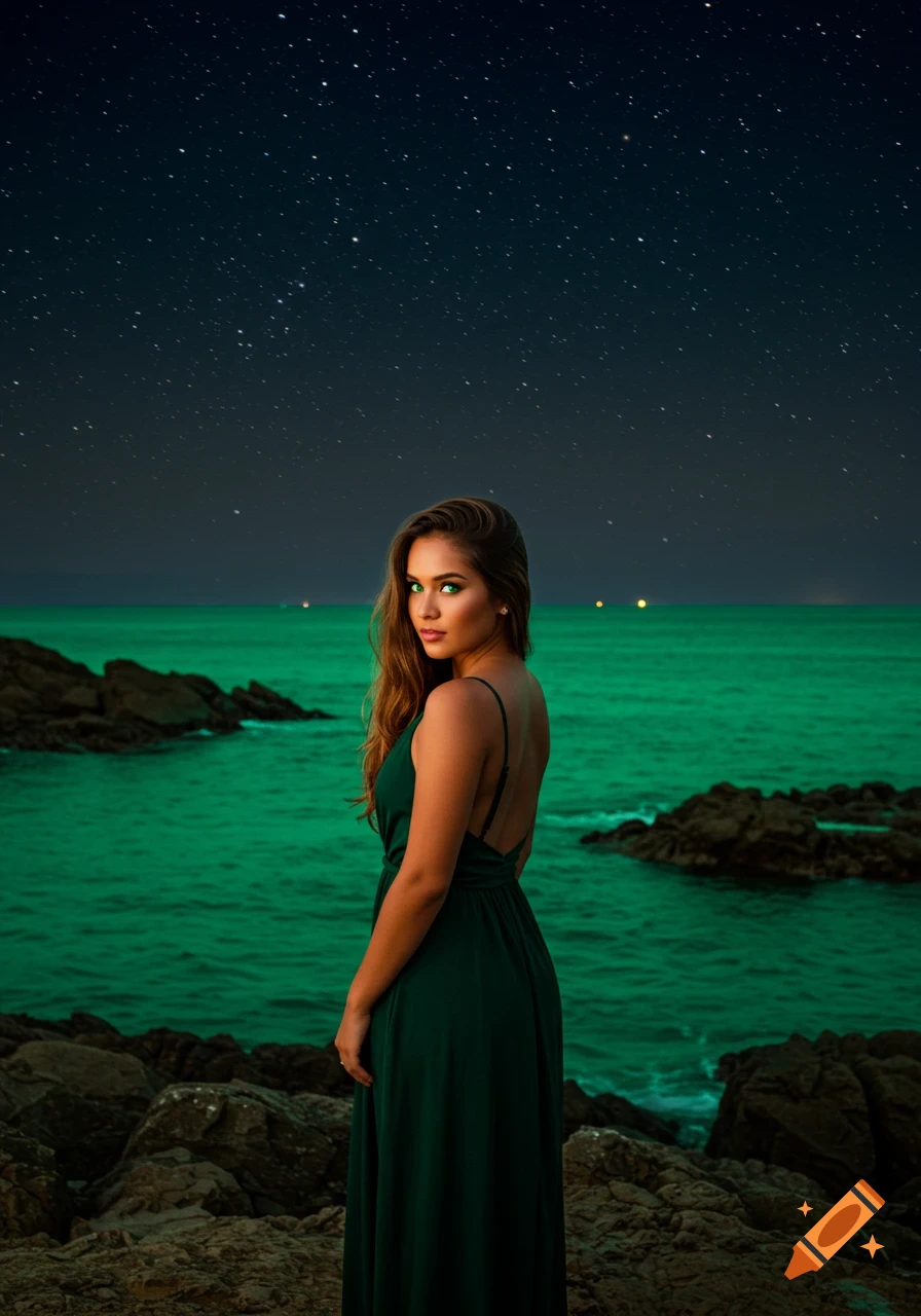 Woman in a green dress standing on rocks by a glowing green ocean at night under a starry sky.