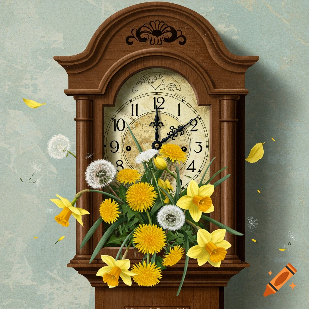 A grandfather clock adorned with dandelions and daffodils.