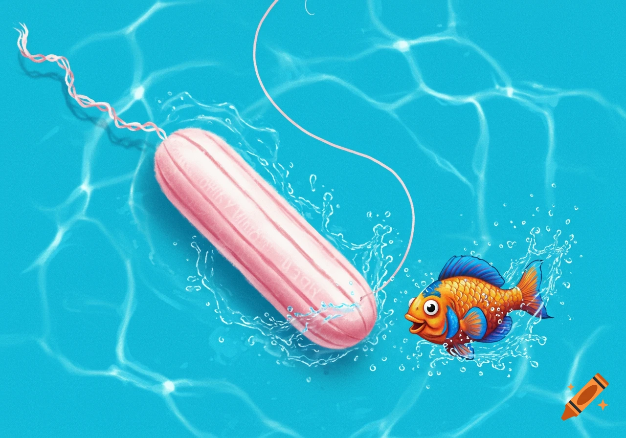 A tampon floating in water with a fish swimming nearby.