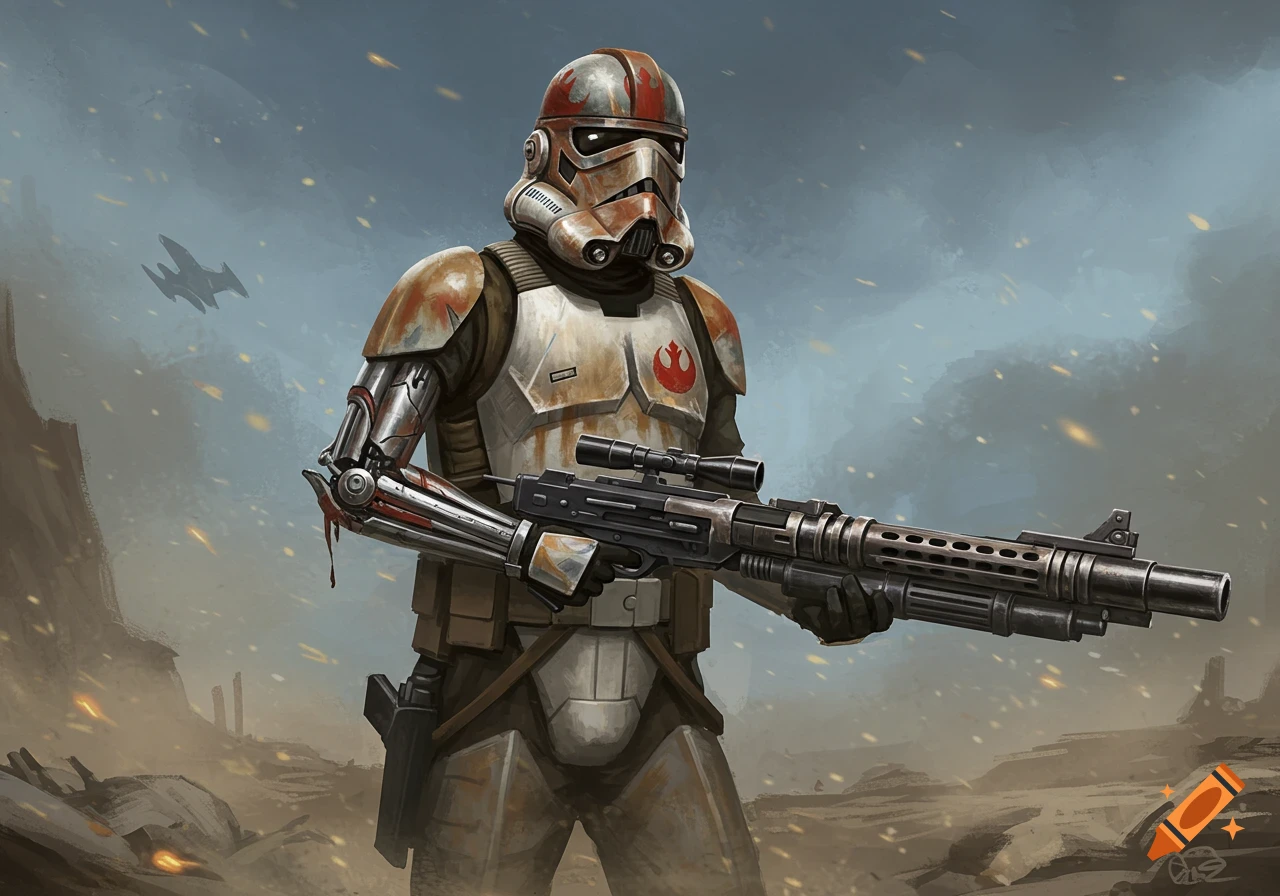 A battered Star Wars rebel trooper with a metal arm and large rifle standing in a dusty battlefield.