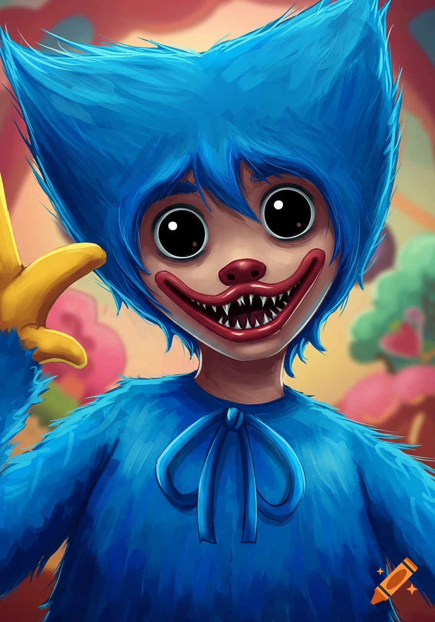 A blue-haired, creepy creature with wide black eyes and a wide smile showing sharp teeth, raising a yellow hand.