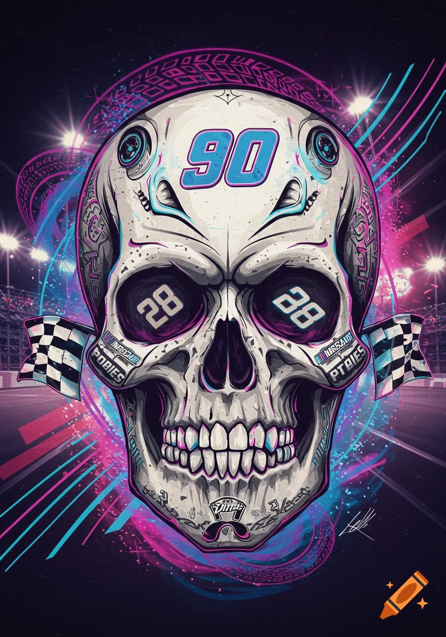An image depicting a racing skull with checkered flags, neon colors, and track lights, rendered in an 80s retro style.