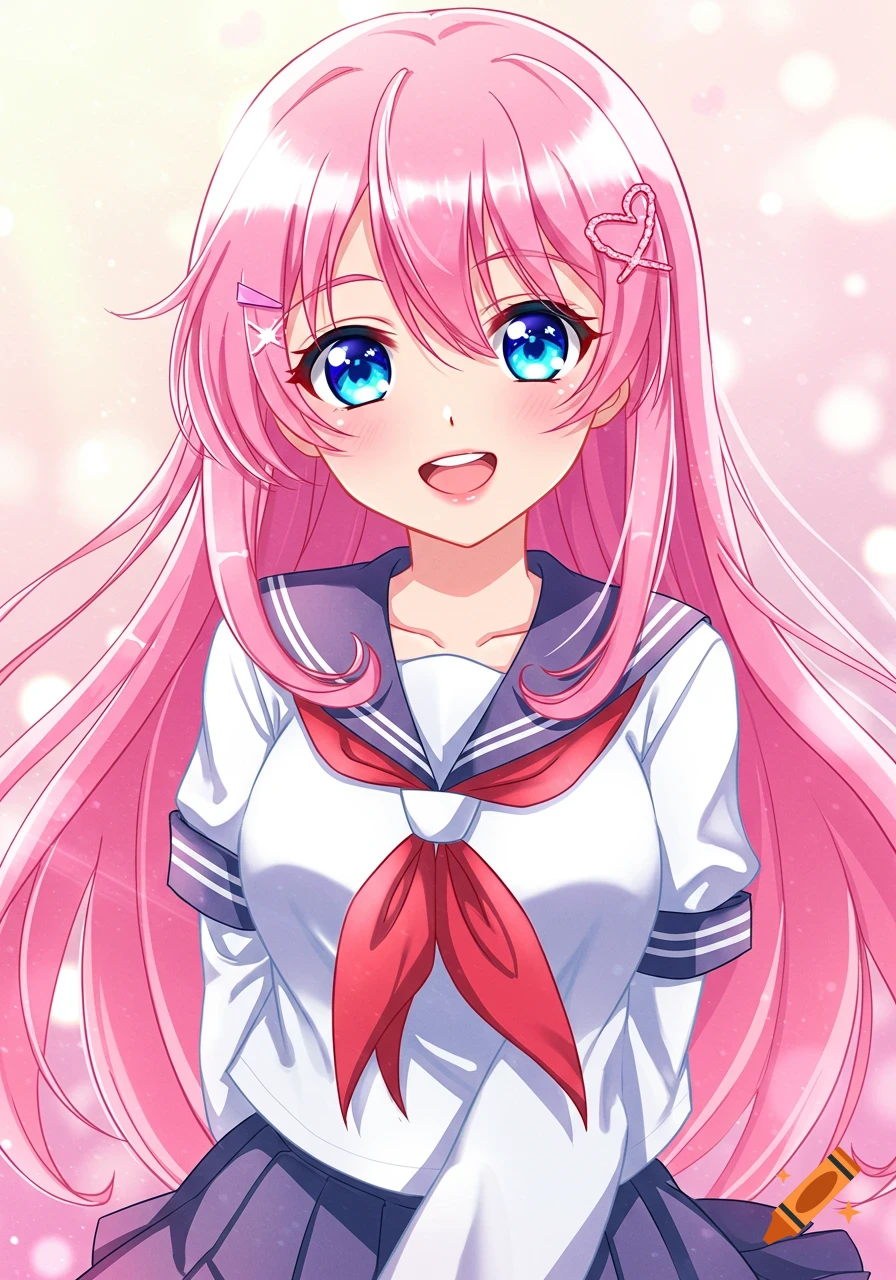 Anime girl with pink hair and blue eyes wearing a school uniform