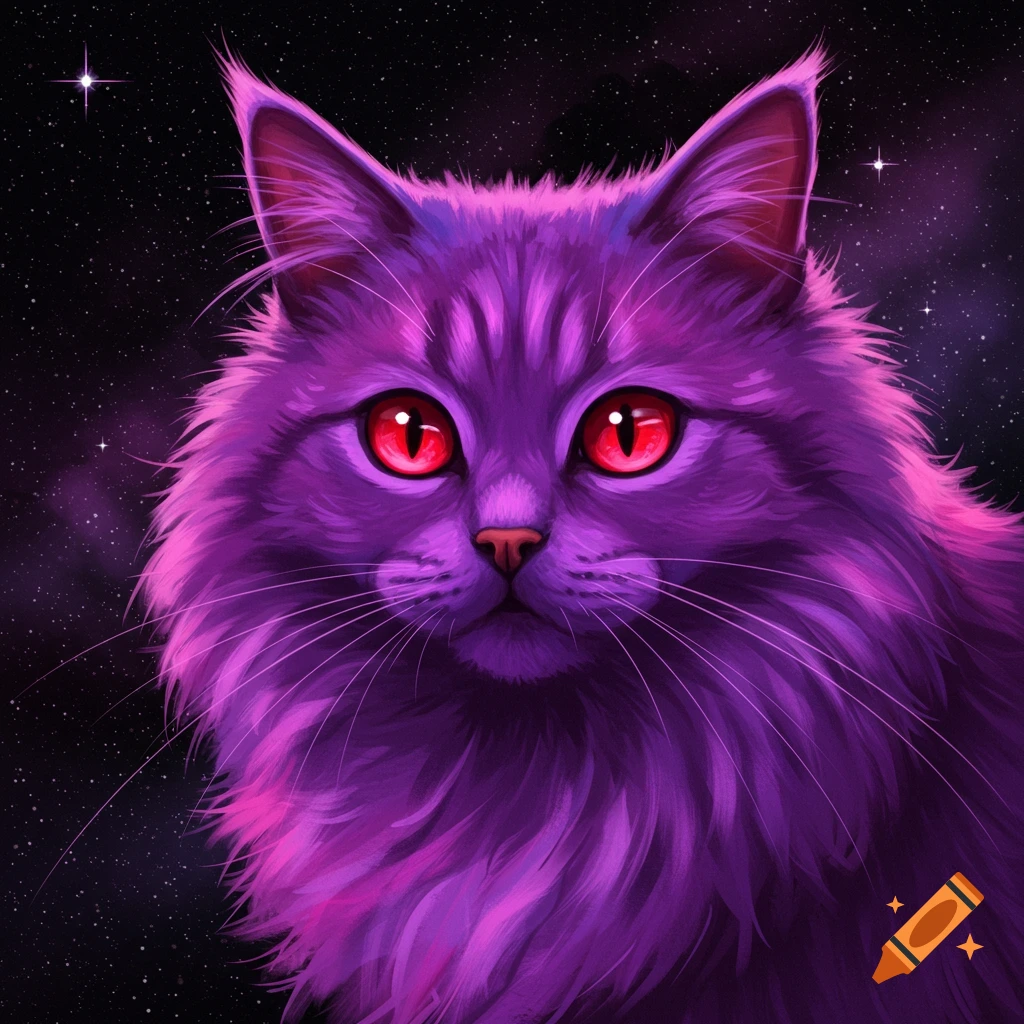A purple cat with glowing red eyes against a starry space background.