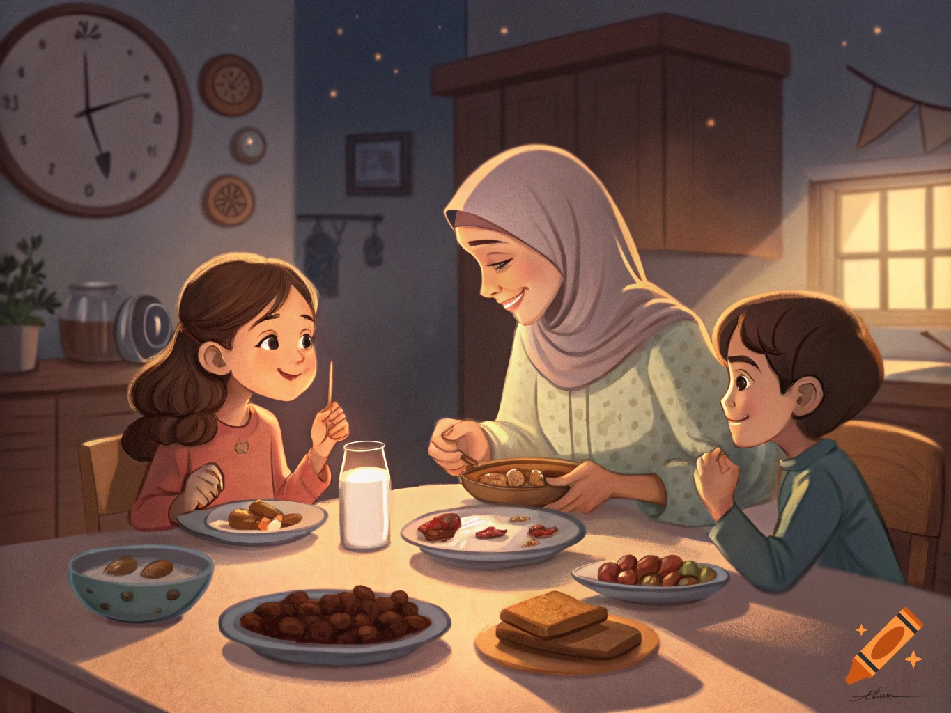 An illustrated scene of a mother and two children eating a meal together at a table.