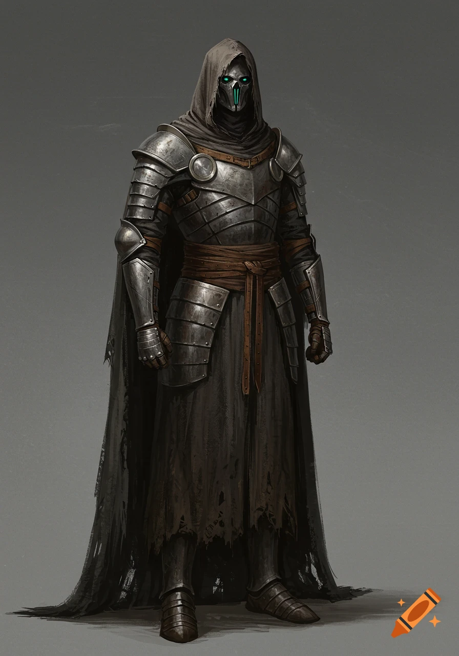 A figure in dark, weathered armor and a ragged hooded cloak with glowing green eyes.