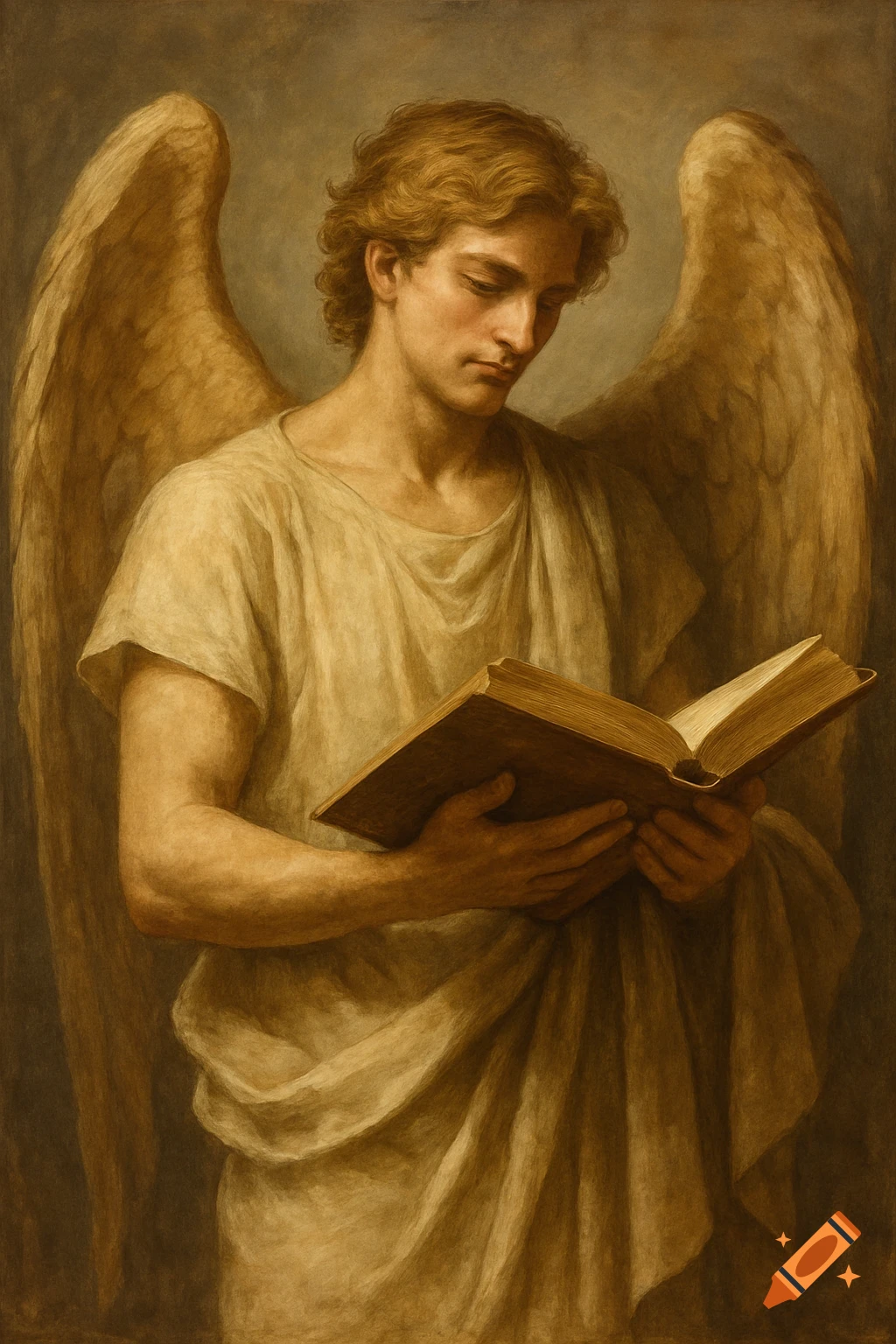A male angel with wings reading a book.