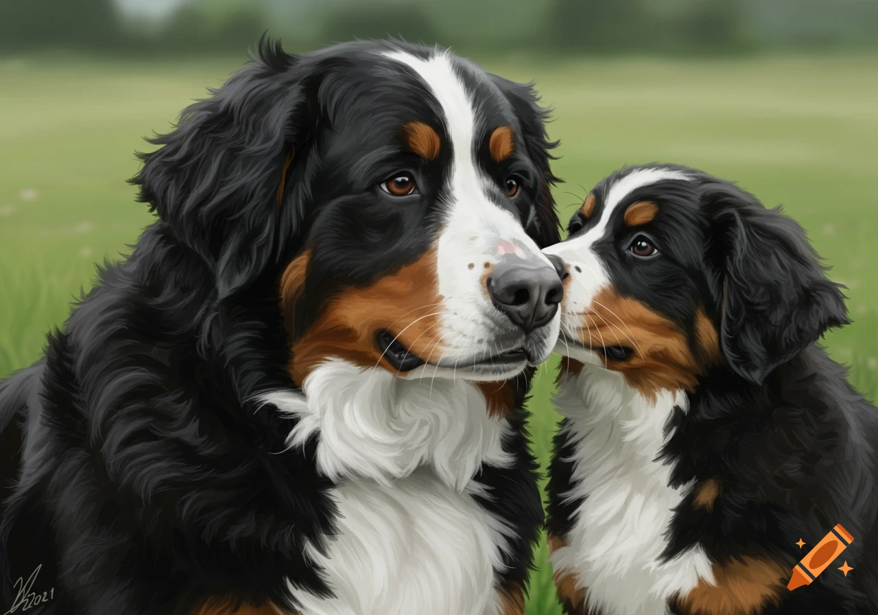 An adult and puppy Bernese Mountain Dog