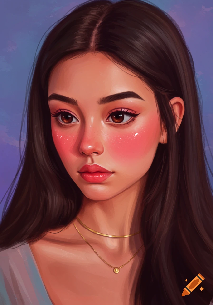 A young woman with dark hair, big brown eyes, and bright pink blush.