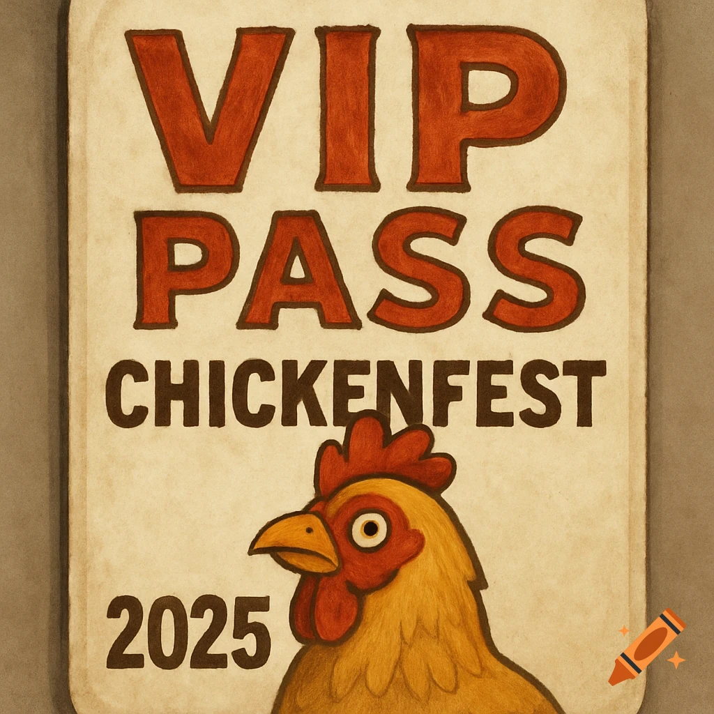 A VIP PASS for Chickenfest 2025 featuring a chicken.