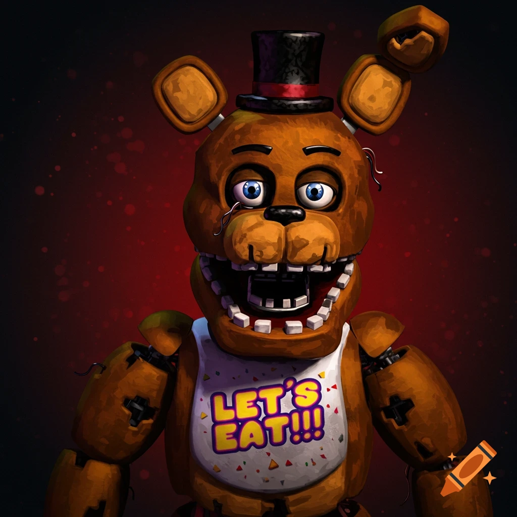 Freddy Fazbear, a brown animatronic bear from Five Nights at Freddy's, wearing a bib that says "LET'S EAT!!!"